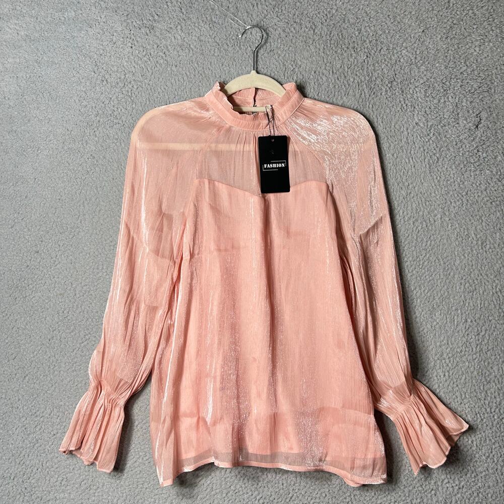 Fashion Blouse Womens M ‎ Pink Long Sleeve Mock Neck Lace Blouse Fairycore NEW